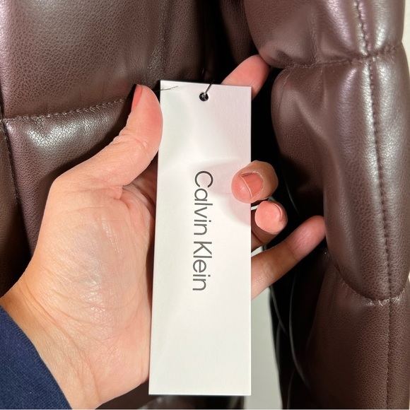 Calvin Klein Longline Faux Leather Brown Puffer Jacket Size L - Picture 4 of 12